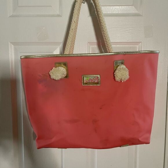 Lilly Pulitzer X Large Beach Bag & Pouch Rubber Pink gold trim robe straps - Picture 4 of 16